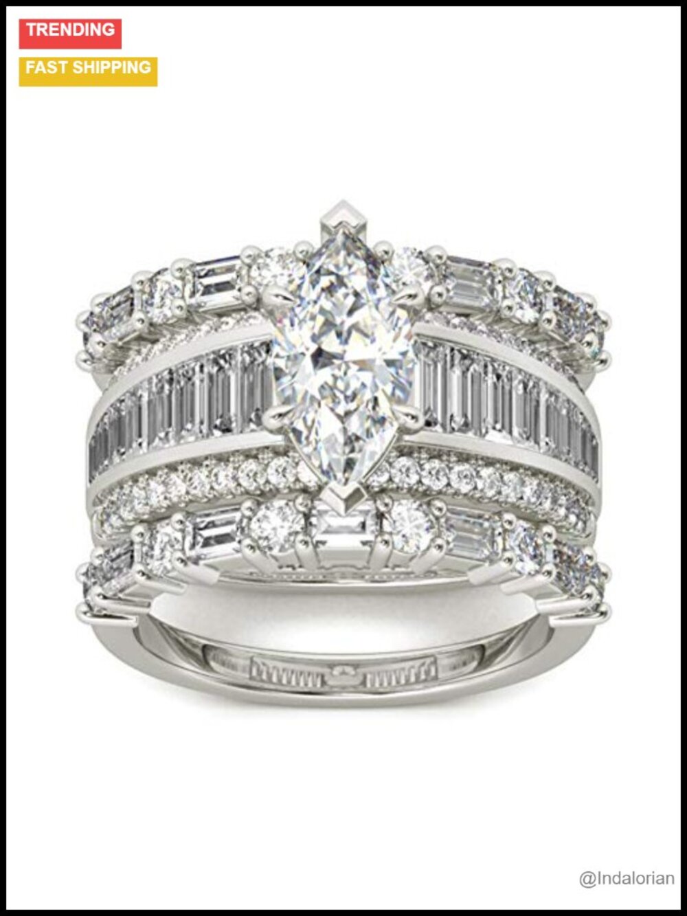 3PC Wedding Ring Set Marquise Cut CZ 14K Gold Plated Sterling Silver Bridal